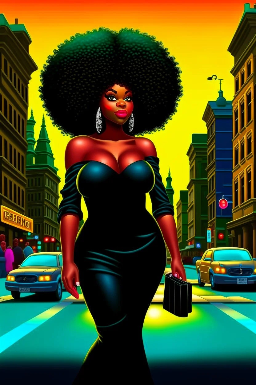 Create a oil painting cartoon image of a curvy black female walking thru the city streets wearing a black off the shoulder jumpsuit. Prominent make up with brown eyes. Highly detailed tight curly black shiny afro