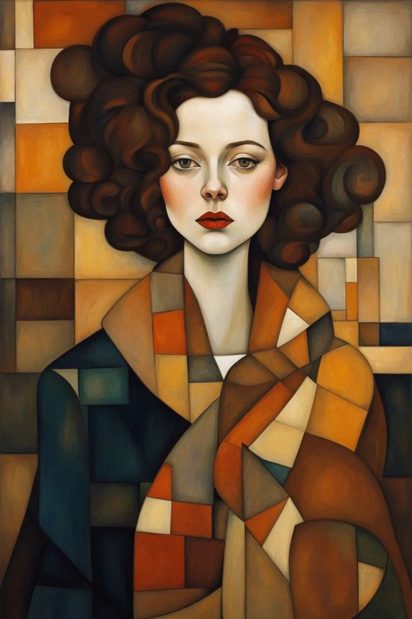 Woman in the cubism style of argon Schiele + Gustav Klimt. Rich, lovely colors, full cubism style