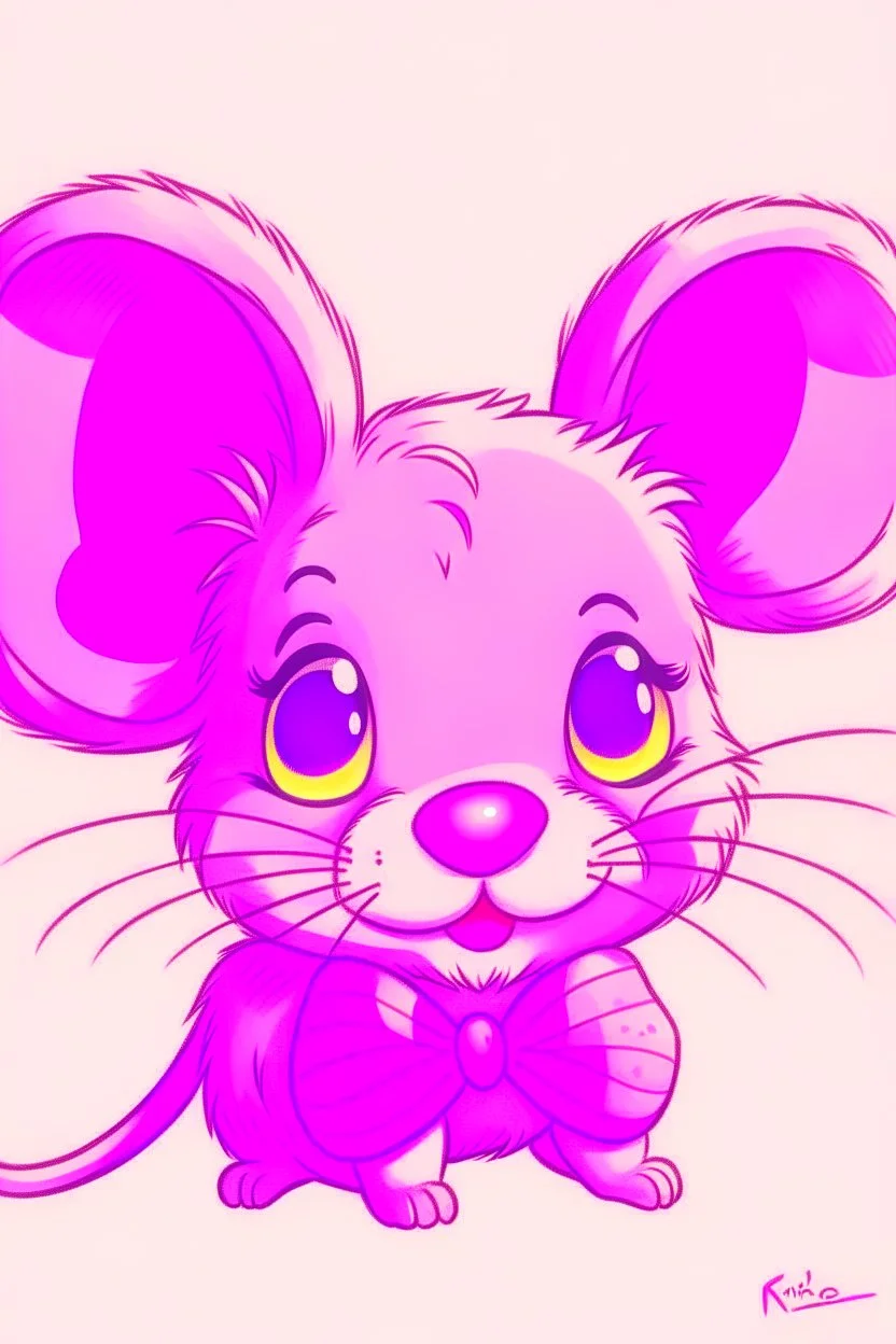 A drawing of a cute pink mouse with one bow on her head