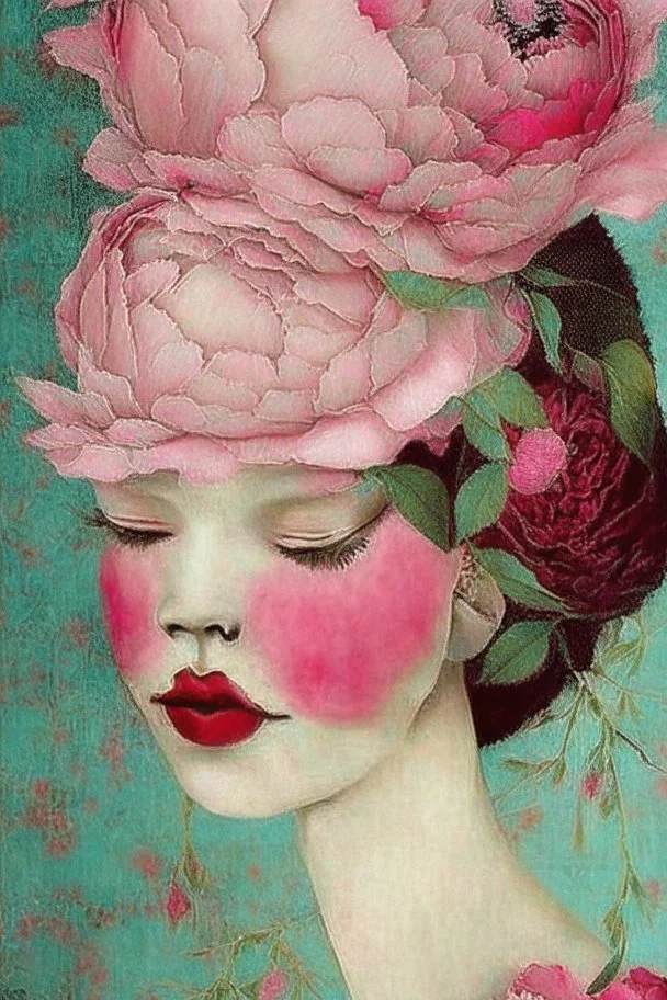 A woman's face with peonies, digital art by artist "Catrin Welz-Stein"