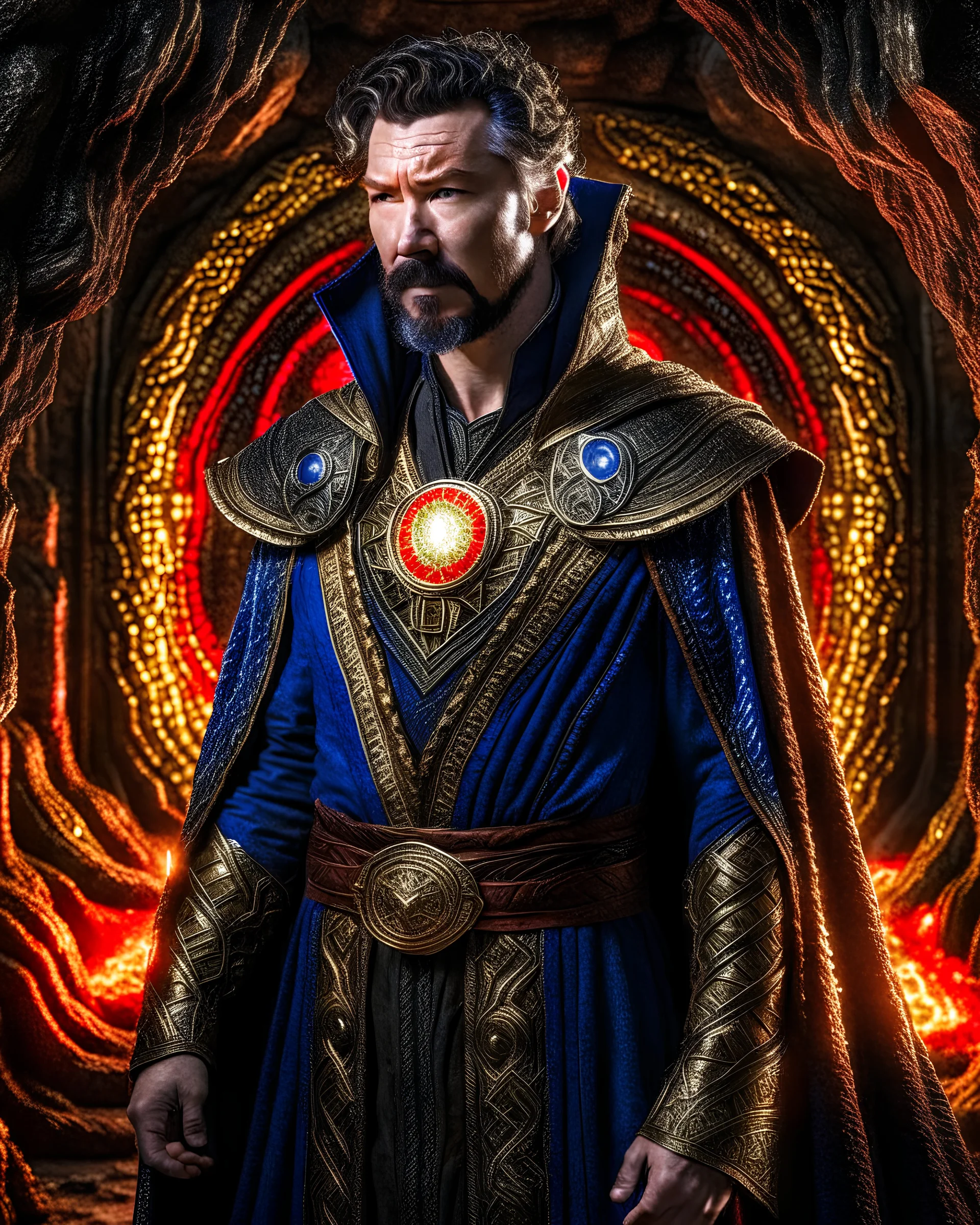 Ultra level Photorealistic, Within the mystical aura of a forgotten cave, Doctor Strange stands surrounded by shimmering crystals that emit a soft, enchanting glow. The light plays upon his armored suit, revealing intricate details and the battle-worn marks of his crusade. As he gazes ahead, his eyes seem to hold the secrets of both the mortal world and the mystical realm, intertwining his destiny with the very essence of the night. Perfect face detail