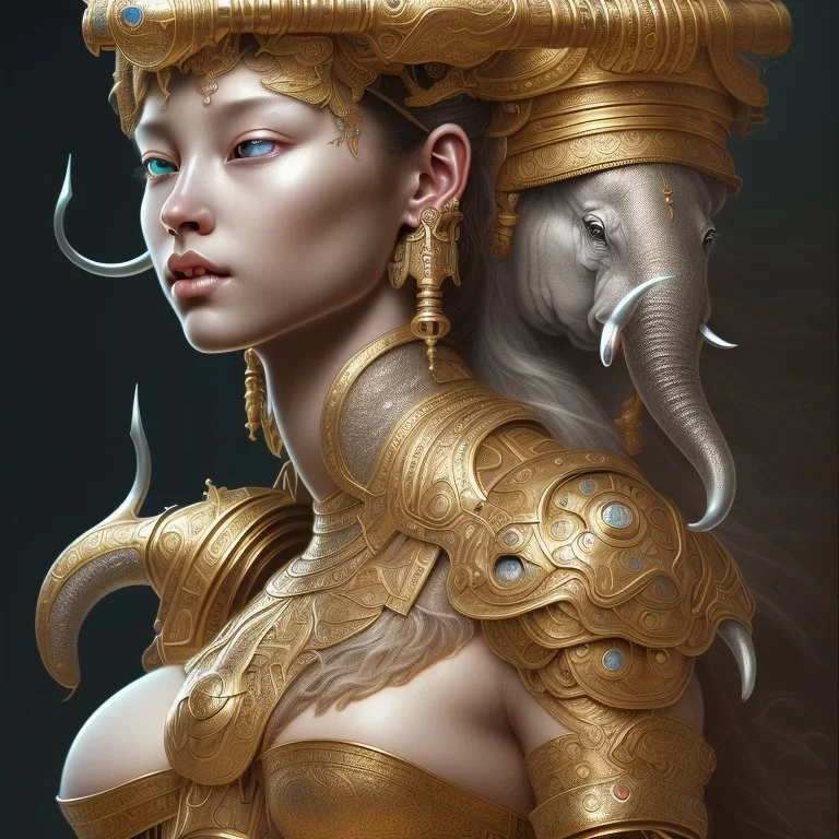 Sango fantasy, fantasy magic, intricate, sharp focus, illustration, highly detailed, digital painting, concept art, matte, art germ and Paul Lewin and Kehinde Wiley, masterpiece silver elephant head bronze Buddha Asian African girl nice breast Hawaiian hair turquoise golden waves