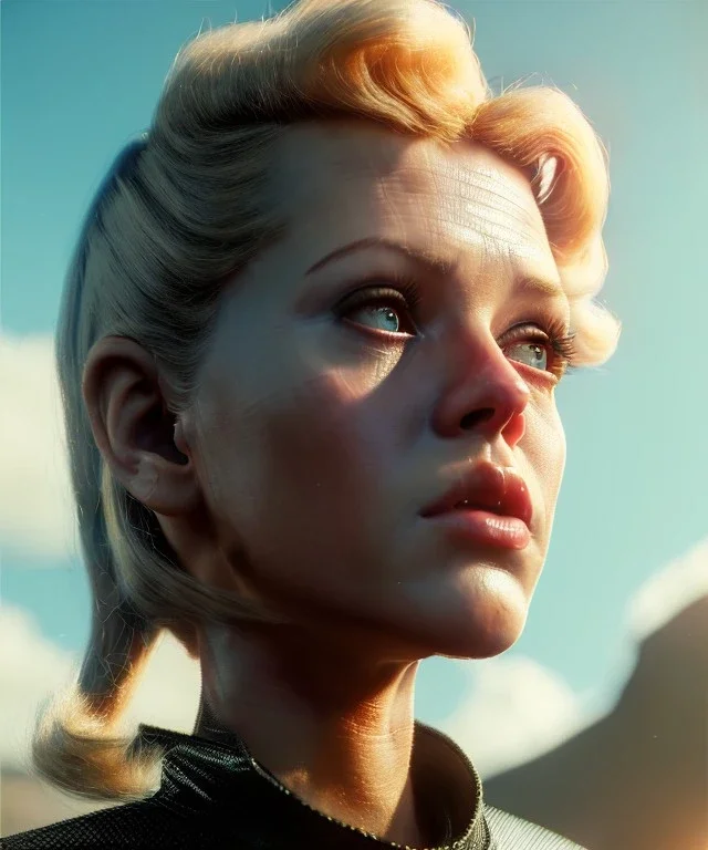 Ultra Realistic retro sci-fi movie, people, classic ovni, 1960 year, waist up view portrait, blonde woman, sweet teenager Jane Fonda face, perfect, glow rays eyes without pupil, face makeup, tight latex coat, retro glass helmet, Retro sci-fi style, soft color, highly detailed, unreal engine 5, ray tracing, RTX, lumen lighting, ultra detail, volumetric lighting, 3d, finely drawn, high definition, high resolution.