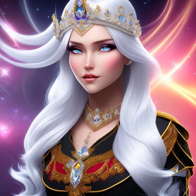 Ice Princess with white hair, a crown with precious stones, bright background