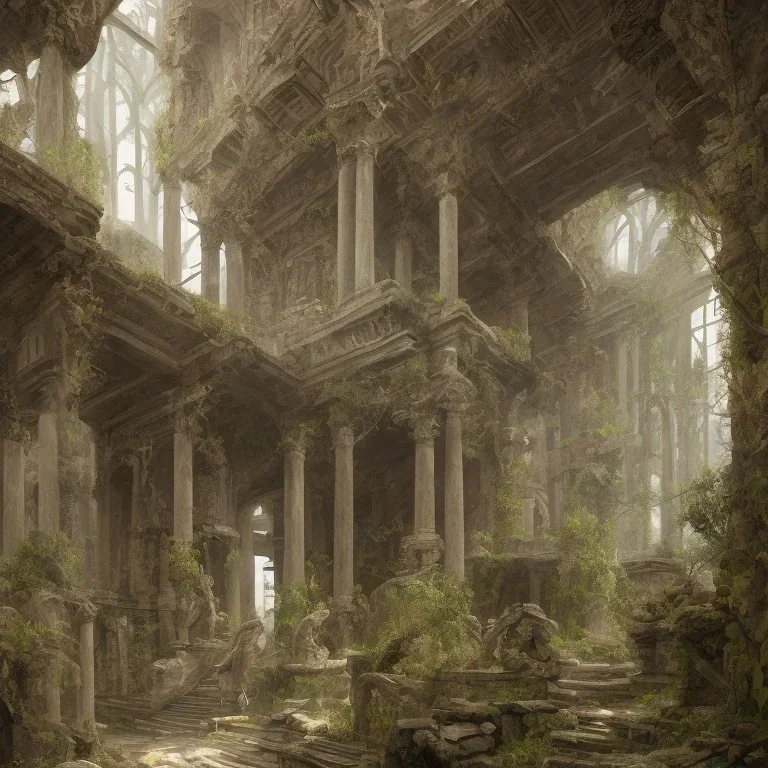 big mystic ruins, wide, intricate detailed, realist, 8k, man sad, abandoned, miserable