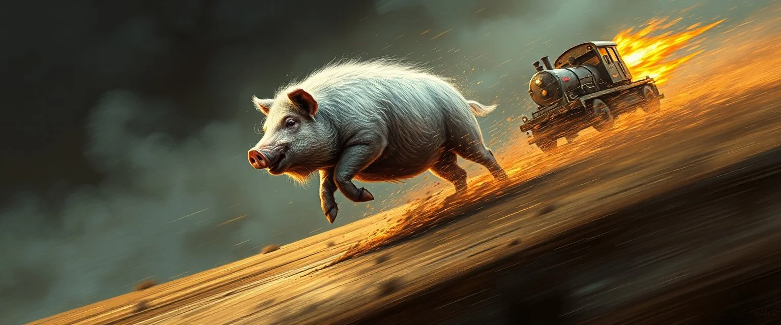 mega blasting fast, so freaking fast, faster than a greased muscle shiny cowboy disco funk fusion fluffy pig on a runaway mud train jumping over the cliff . speed and energy, painted by Rembrandt and fallout 4, straight down a muddy hill