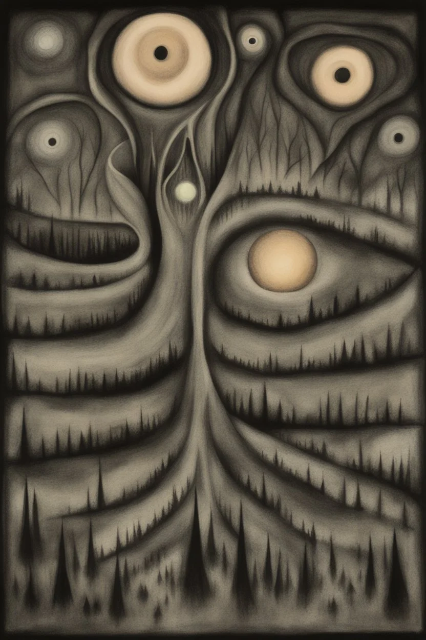 Liminal Dreamscape nightmare about disembodied alien eyes illuminating the darkness; Primitive Art; Ink Wash; Black With Iridescent Pastels