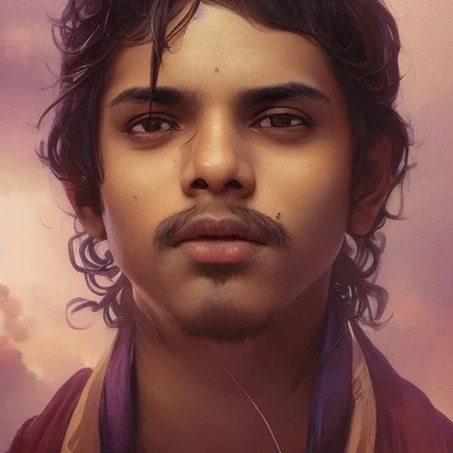 Indian mystical boy , cute, beautiful, cinematic, 8k, resolution concept art portrait by Greg Rutkowski, Artgerm, WLOP, Alphonse Mucha dynamic lighting hyperdetailed intricately detailed