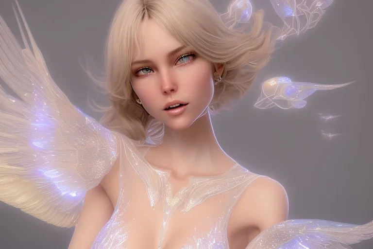 beautiful fairy very etheric, nice smiling, magic glamour make up, delicate colors, transparent wings, beautiful glamour transparent dress, ultra sharp focus, 8k, unreal engine 5, extremely sharp detail, light effect, soft light atmosphere, smooth, full of details, face in front, complete face and hair