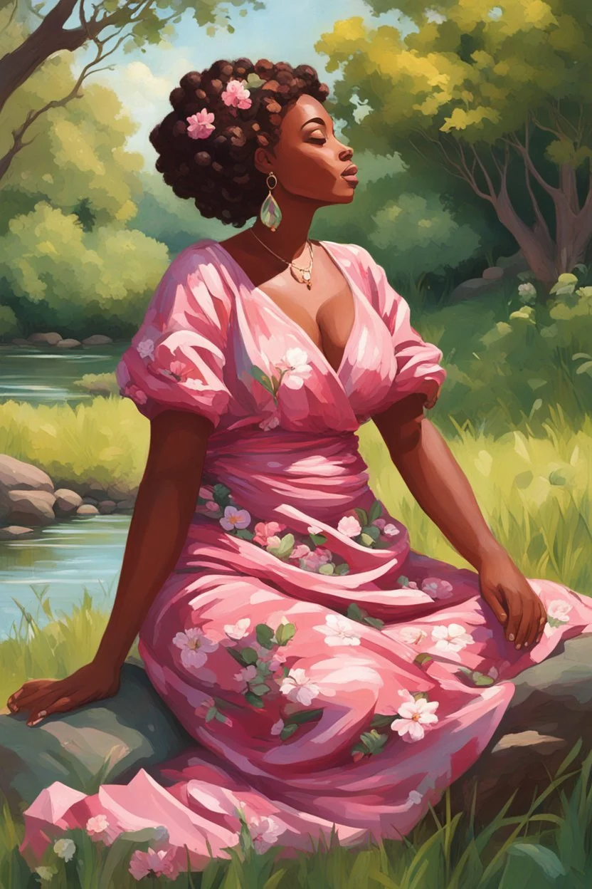 An expressive oil painting art illustration of a curvy black cartoon woman sitting relaxed on a sunny riverbank, lush green grass surrounding her. Facing left in profile, she has flowing chestnut hair styled in an elaborate braided twist. complementing the pink floral maxi dress wrapped snugly around her exaggerated curves. One hand touches her cheek lightly as she looks to the distance, brown eyes enhanced by long lashes and purple eyeshadow. Bold brown lips match the brown flowers on her dress