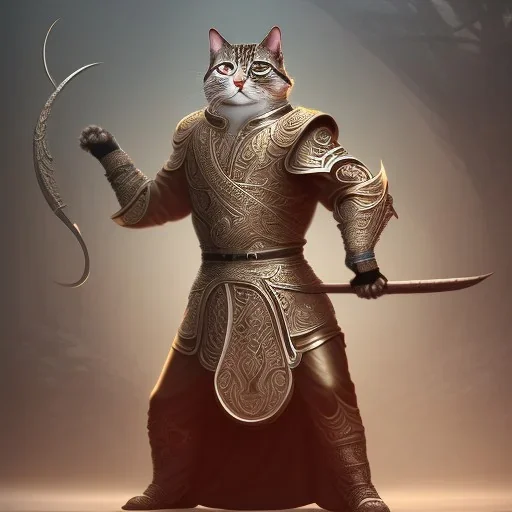 Character design, anthropomorphic cat dressed as a Shaolin, dark, evil, furious, epic, intricate details, finaly detailed armor, silver, golden