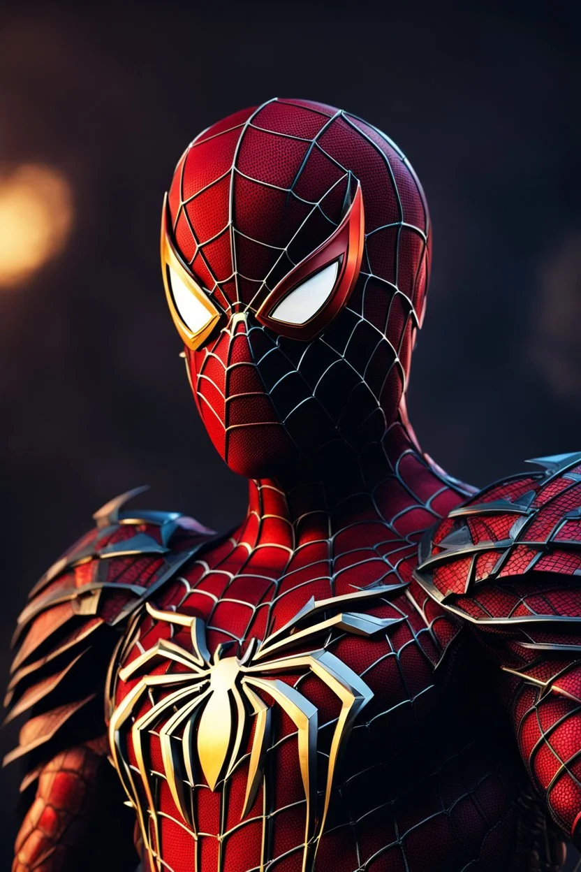 Spiderman in a dragon warrior, super suit with spikes on his arms and shoulders, hdr, (intricate details, hyperdetailed:1.16), piercing look, cinematic, intense, cinematic composition, cinematic lighting, color grading, focused, (dark background:1.1) by. Addie digi