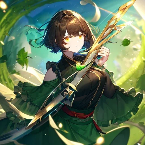 Clear focus, High resolution, Rough line, brown short hair with long locks fluffy, floating hair, glowing eyes, holding a sword, wearing a green leaf in her hair, wearing dark green skirt with a white line, wearing a red bow and a black sleevless shirt, cut frilled sleeve at top, sleeve have a ribbion at the end, wearing black fingerless gloves