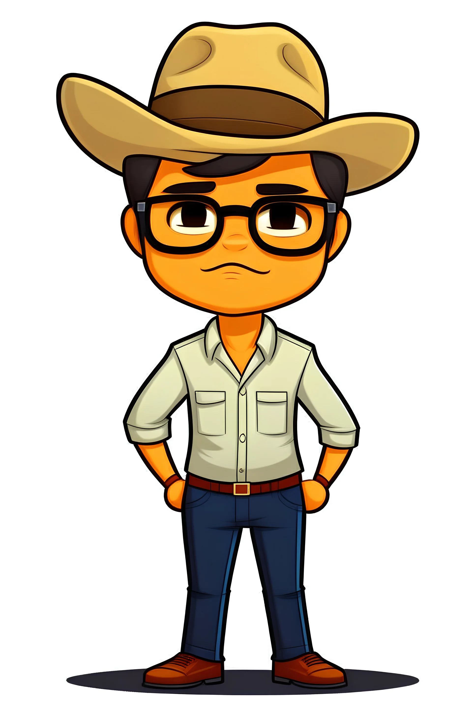 Drawing of Gustavo Petro serious with hat, jeans and shirt no lentes speaking in a speech full body chibi