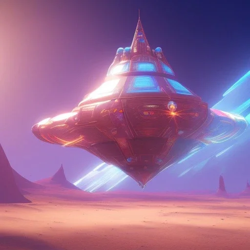 a crystalised blue pink spaceship, gold, diamonds, lightbeams, cosmic background, atmospheric, realistic, unreal engine, 8k. Cinematic lighting, octane render.