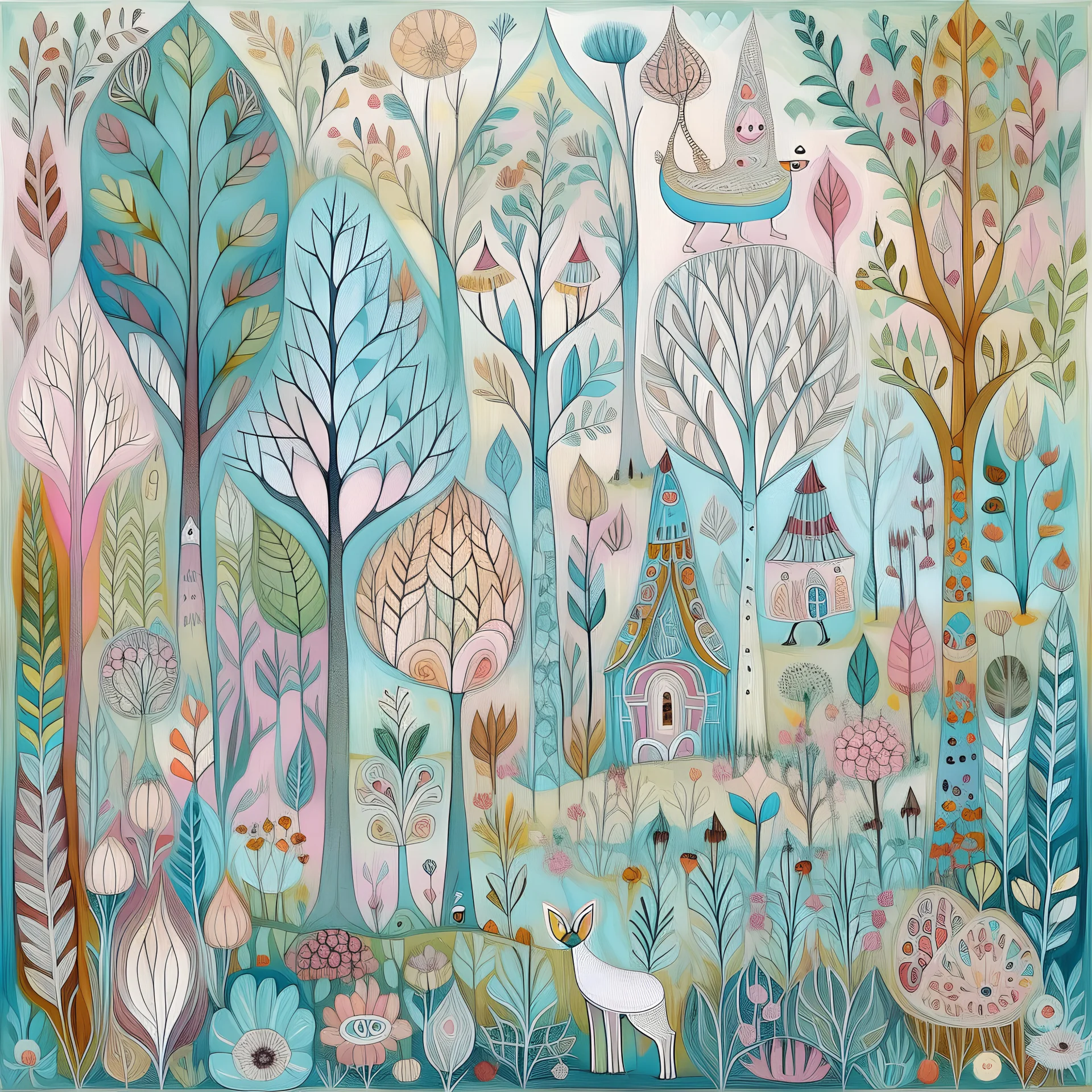 Folk art, an enchanted forest, mixed media, soft muted colors