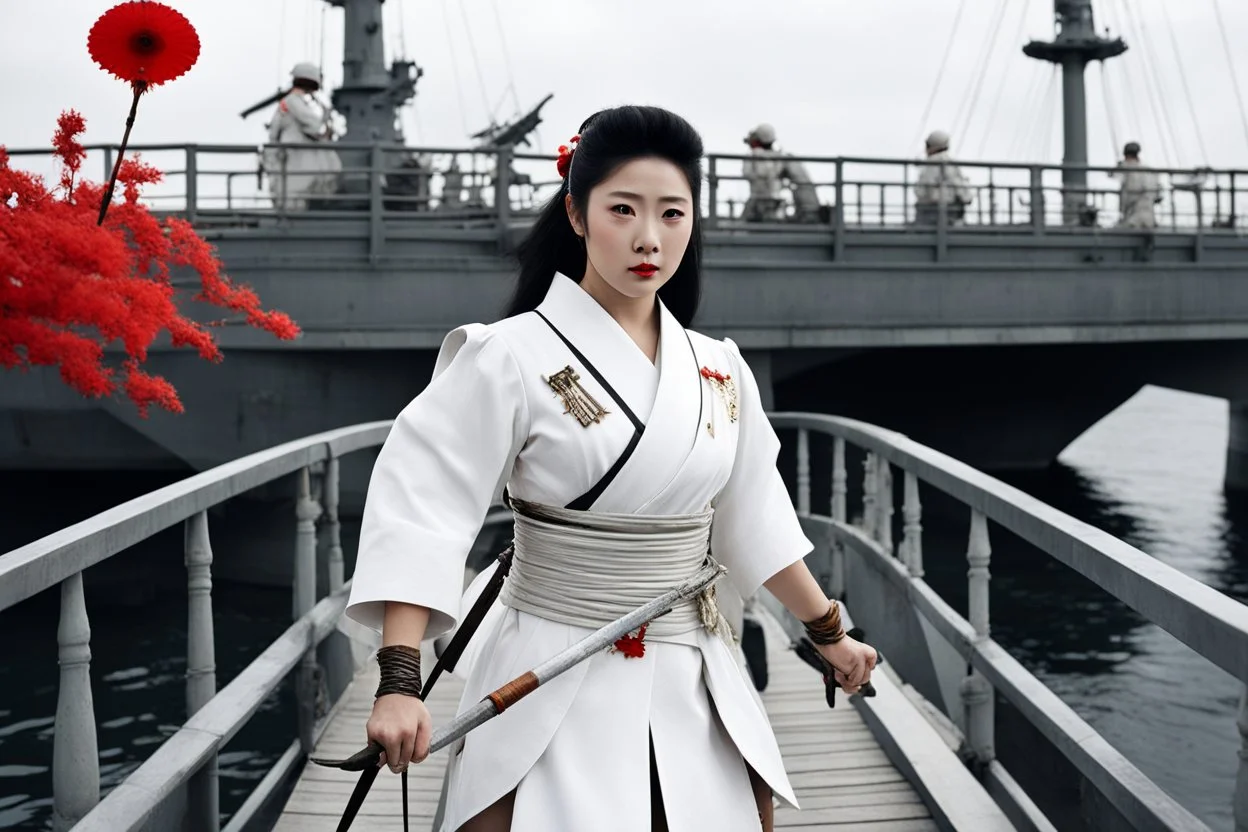 In a surreal twist of fate, a woman emerges on the bridge of the Potemkin, a Japanese battleship from World War II. She stands clad in a 1960s style bloody and white mini dress like an armored onna bugeisha warrior , wielding a katana with ancient grace. The fusion of eras and cultures creates a psychological thriller atmosphere, akin to a scene from the "Twilight Zone."