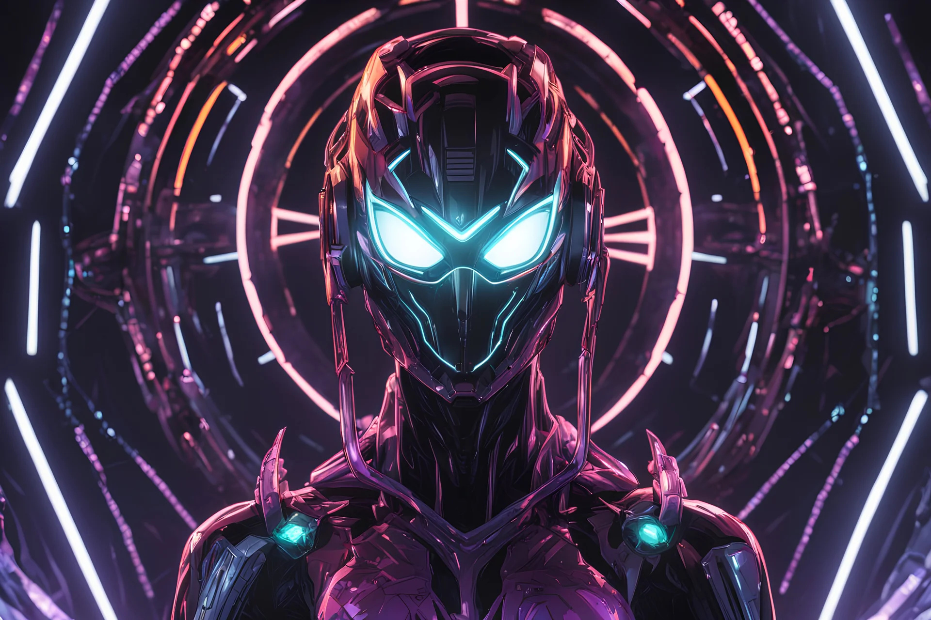 Machine with RGB cyber mask wearing hods in 8k solo leveling shadow artstyle, Crystal and Symbiote them, neon effect , magic circle, close picture, full body, apocalypse, intricate details, highly detailed, high details, detailed portrait, masterpiece,ultra detailed, ultra quality