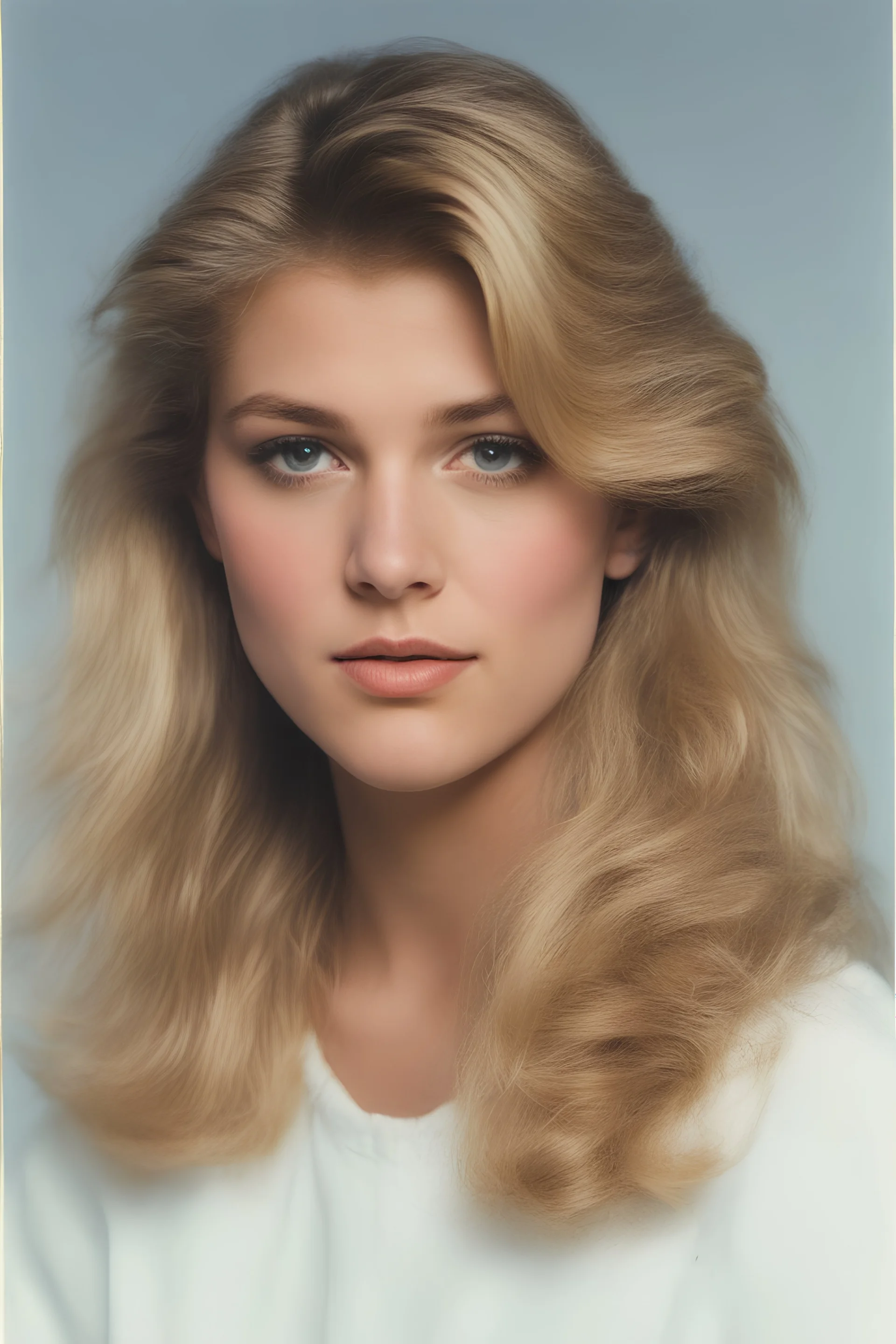 1980's yearbook photo, teenage girl, Kara Zor El, 18 years old, blonde hair, 80's hairstyle, photorealistic, --ar 9:16 --style raw,