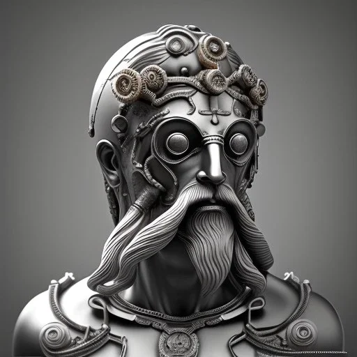 a greek marmor statue of zeus, steam punk, scary, horror, realistic, made in octane, cinematic, movie, CGI, ultra-realistic, extremely detailed octane rendering, 8K, VRAY Super Real ar 2:3, dof photorealistic futuristic 50mm lens hard lighting dark gray tintype photograph, realistic lighting, sephia colors