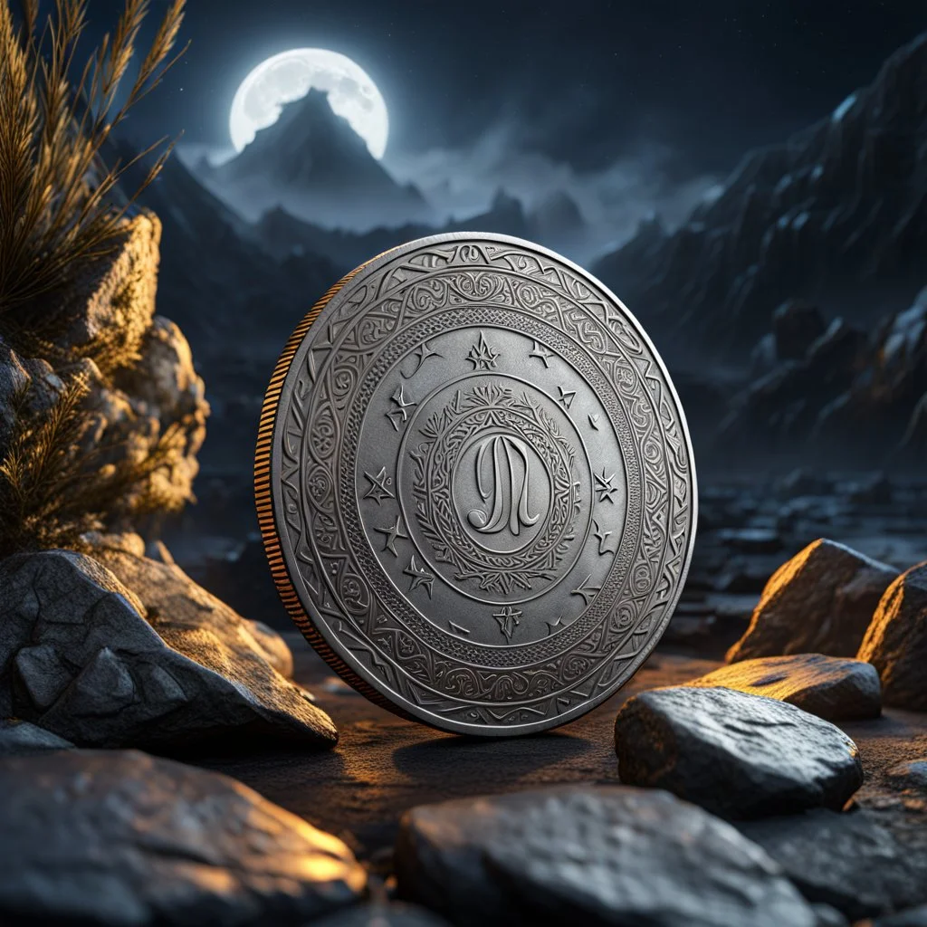 a silver coin called a Silver Moon standing on edge. ancient viking runes. flat coin. show one whole coin front on at a distance. fantasy concept art, exquisite realism, a masterpiece, dynamic lighting, hyper detailed, intricately detailed, deep color, Unreal Engine, volumetric lighting , Epic cinematic brilliant stunning intricate meticulously detailed dramatic atmospheric maximal,