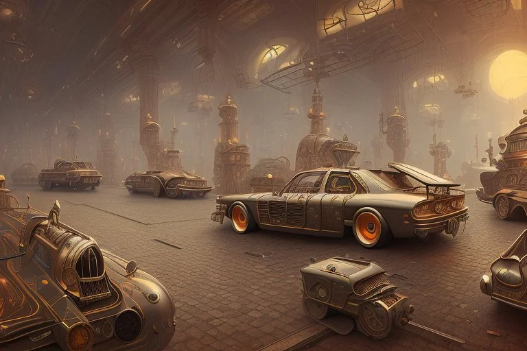 Cars and vehicles, steampunk sci-fi City, Chromolithography, weird, cinematic, psychedelic tableaux art, extremely detailed, high resolution, creative