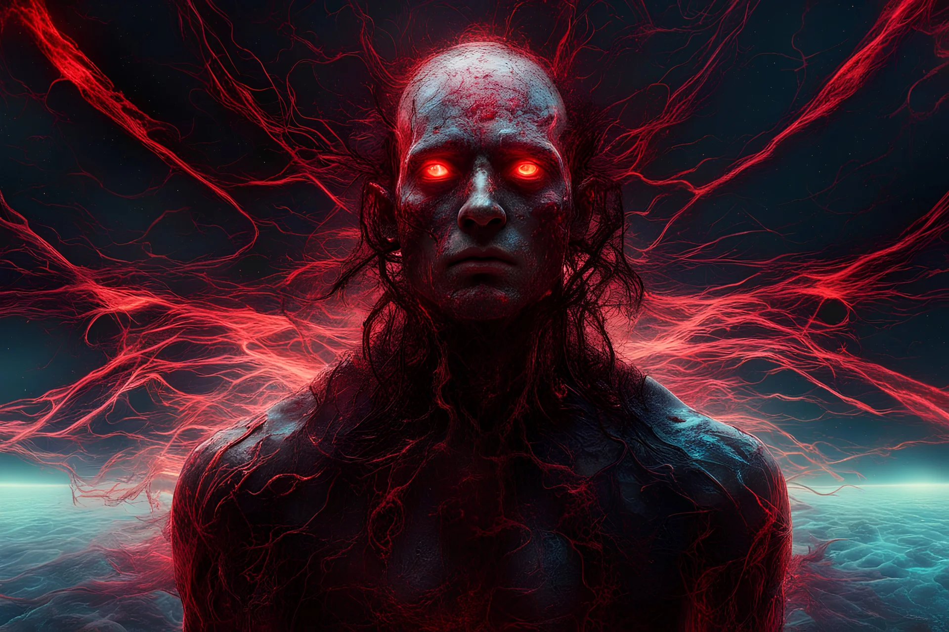 cosmic environment, man fallen from grace seeking redemption for his tainted soul, ((red glowy eyes)), biomechanical, eerie, creepy, nightmarish, very bright colors, light particles, bioluminescence, Mschiffer, wallpaper art, UHD wallpaper