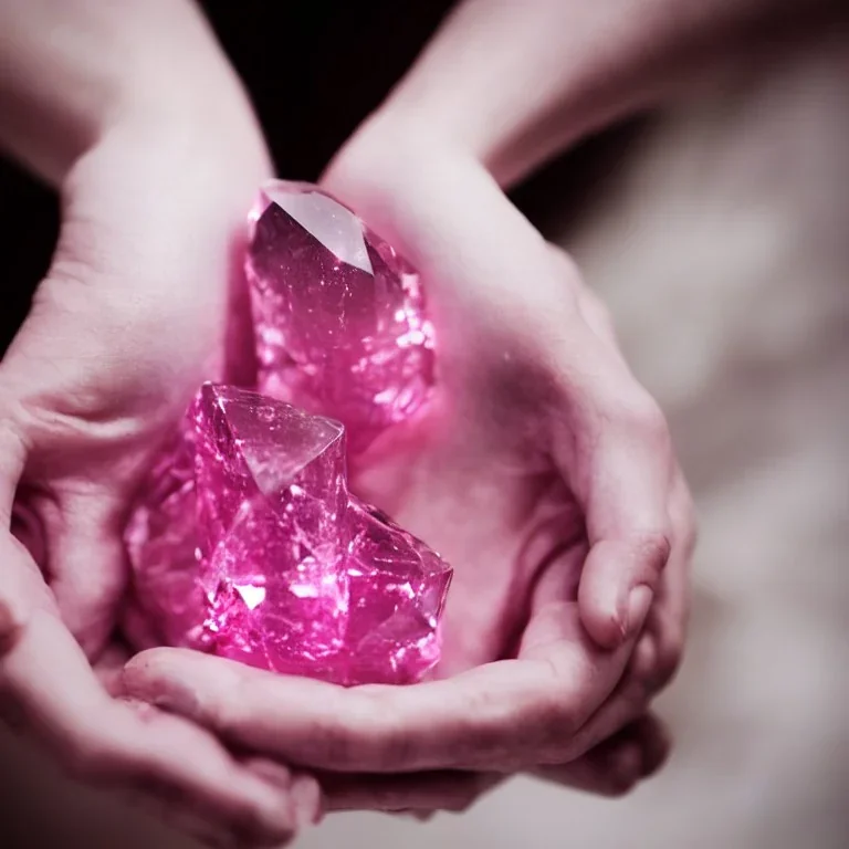 hands holding single pink crystal, on an altar in a foggy cave, cinematic,