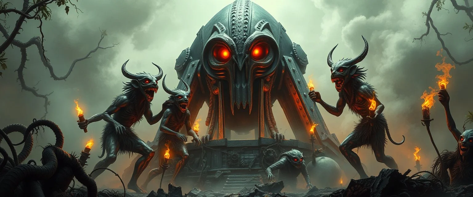 Humanoid hyena warriors laughing around a broken alien monument, glowing eyes in the mist, twisted jungle vines crawling over steel ruins, smoke and torchlight, ritual masks, savage joy in a dead world, sci-fi tribal atmosphere, airbrush fantasy poster style, eerie celebration, cinematic lighting