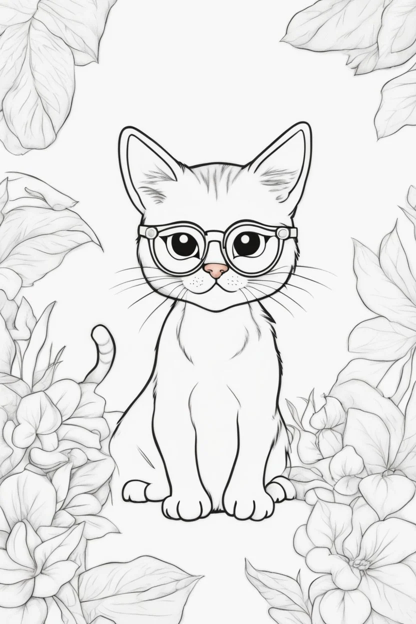 Outline art for cute coloring pages with cat with glasses, full body, white background, sketch style, only use outline, clean line art, no shadows and clear and well outlined.