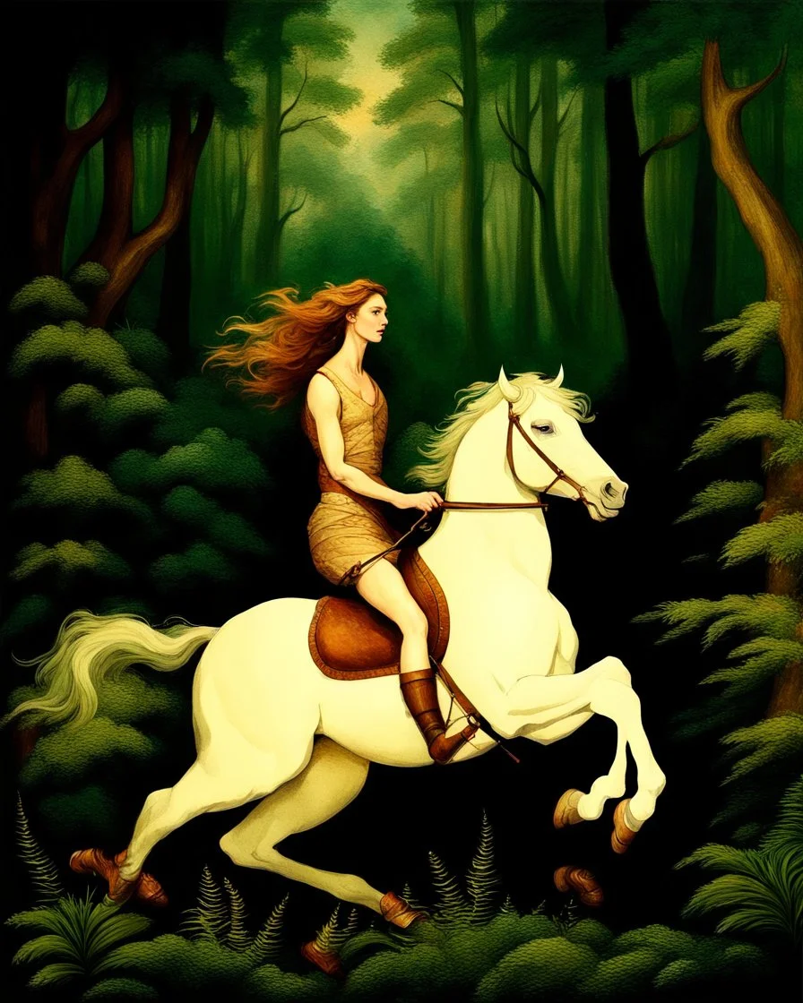 A centaur majestically galloping through the dense forest in the style of Camilla d'errica, fantastical landscape, soft strokes , mythology portrait, classic painting