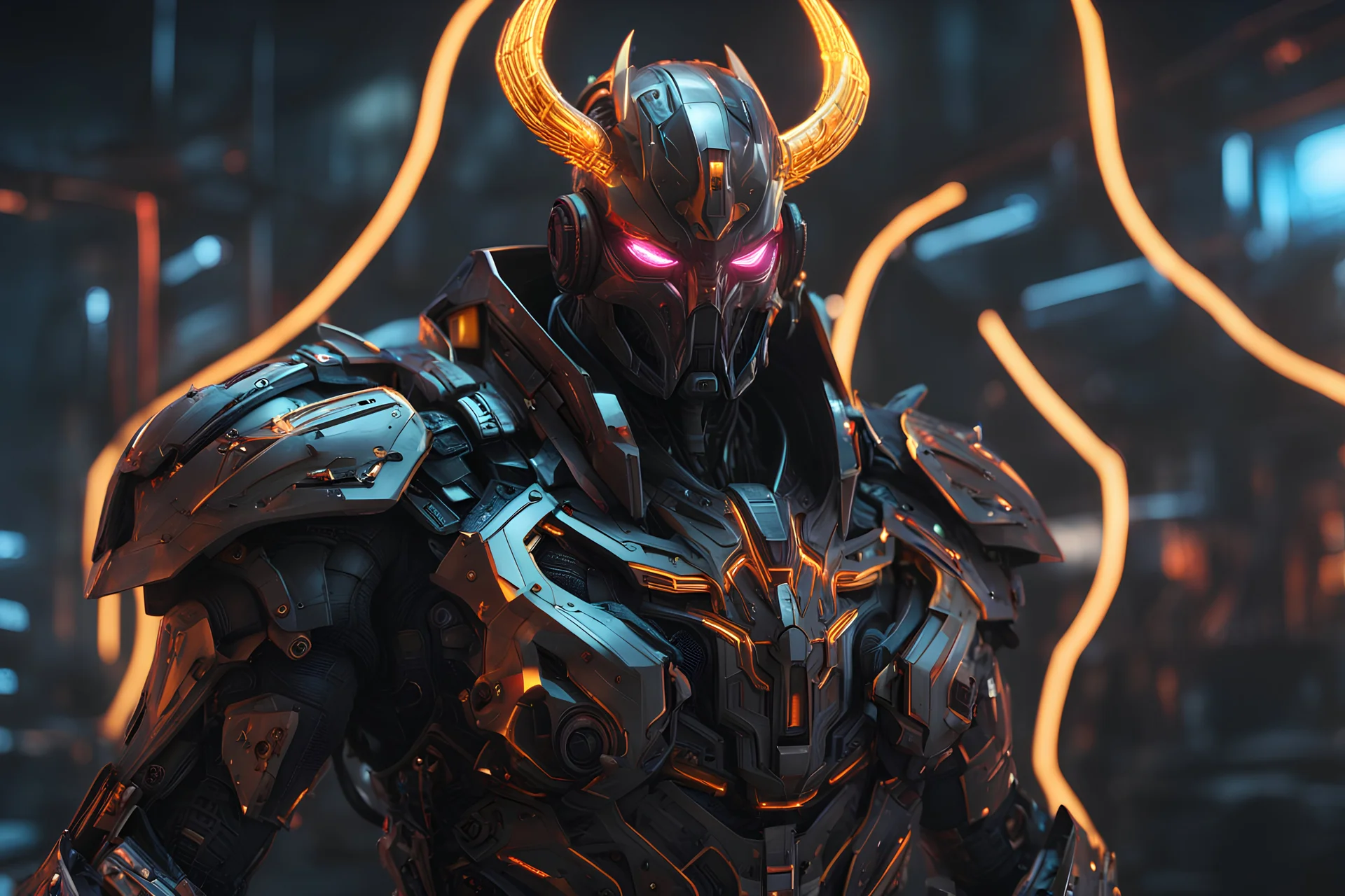 Cyber Machine in 4k realistic cg artstyle, demon lord them, neon details, full body, apocalypse, intricate details, highly detailed, high details, detailed portrait, masterpiece,ultra detailed,best quality