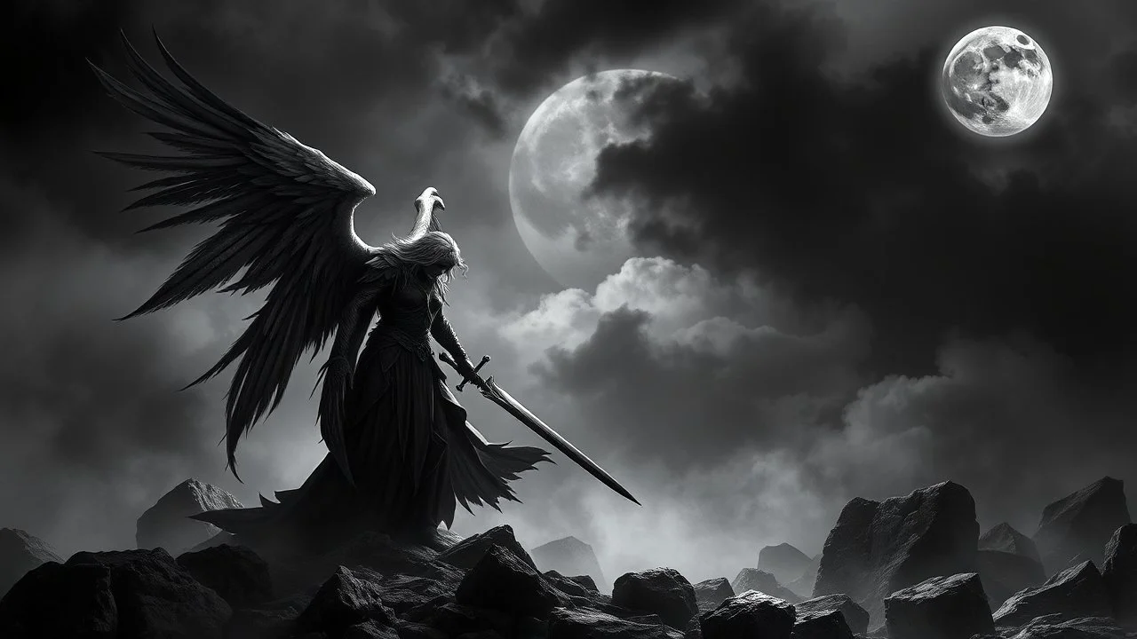 surreal dreamlike scene, stunning warrior fallen angel with sword, mystic gloomy, surreal dark shadows and pale light, stones, rocks, dark vibe, come strom , dark colors, , moon with black darkness, fog, detailed, spalh art, black and white art