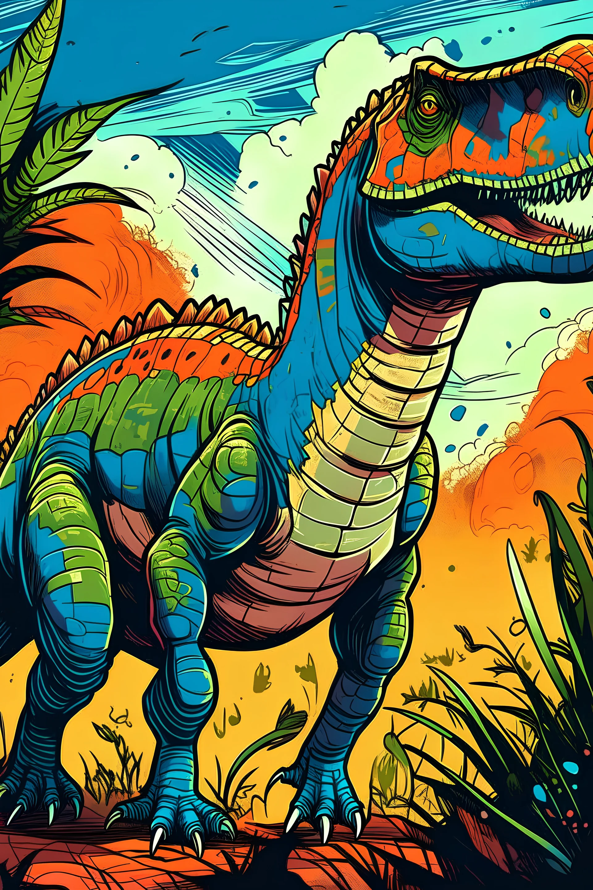 kids illustration,Megalosaurus, style, thick outline, low details, vivid color