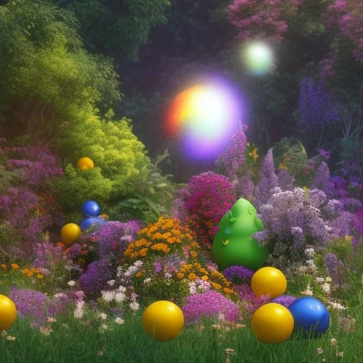 pixar style, volumetric summer garden environment and background, realistic painting of m&m, looking excited, volumetric lighting, dramatic lighting, detailed digital painting, extreme dense and fine fur, anime, ornate, colour-washed colors, elegant, small minutiae, tiny features, particulars, centered, smooth, sharp focus, renderman gofur render, 8k, uhd, detailed eyes, realistic shaded volumetric lighting, sunlight caustics, backlight, centered camera view