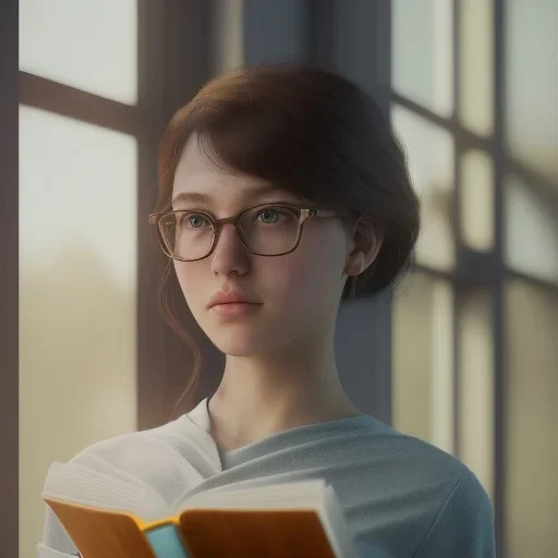 Study girl, curl hair read a book in by the window, ultra detail, real photo realistic, unreal engine, cinematic lighting --ar 1:1 creative