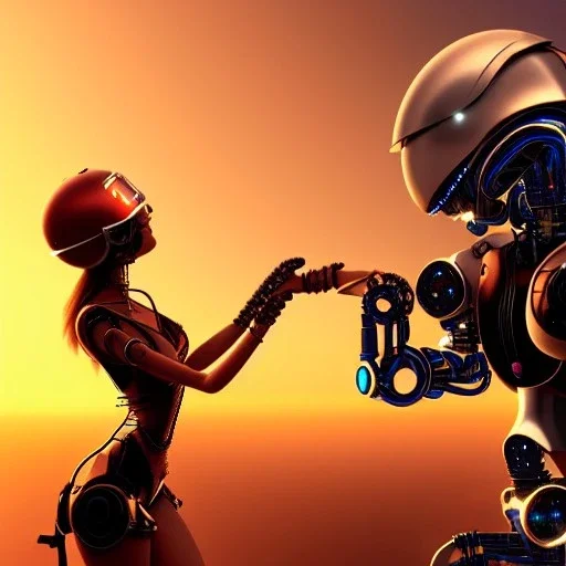 great illustrator, spanish, realistic rendering of a cute spanish girl kissing a cybergirl with helmet, beautiful, steampunk style. Helmet with tubes. Machinery in the background. robotic bird flying. High details. 4k. unreal engine, sunset