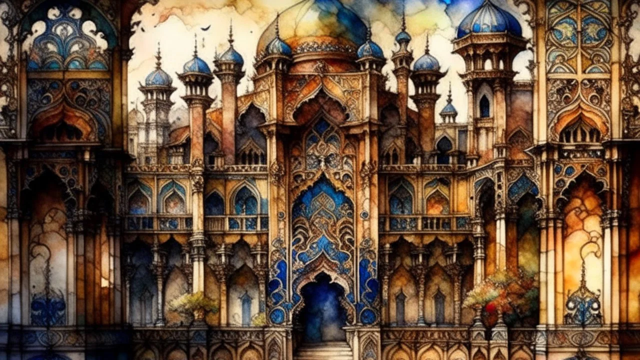 A breathtaking watercolor painting of intricate Arabesque patterns adorning a majestic architectural structure in a bustling city. The scene captures the essence of Aries, with vibrant colors and a sense of adventure. The suffix adds a touch of mystery and enchantment to the already mesmerizing image.