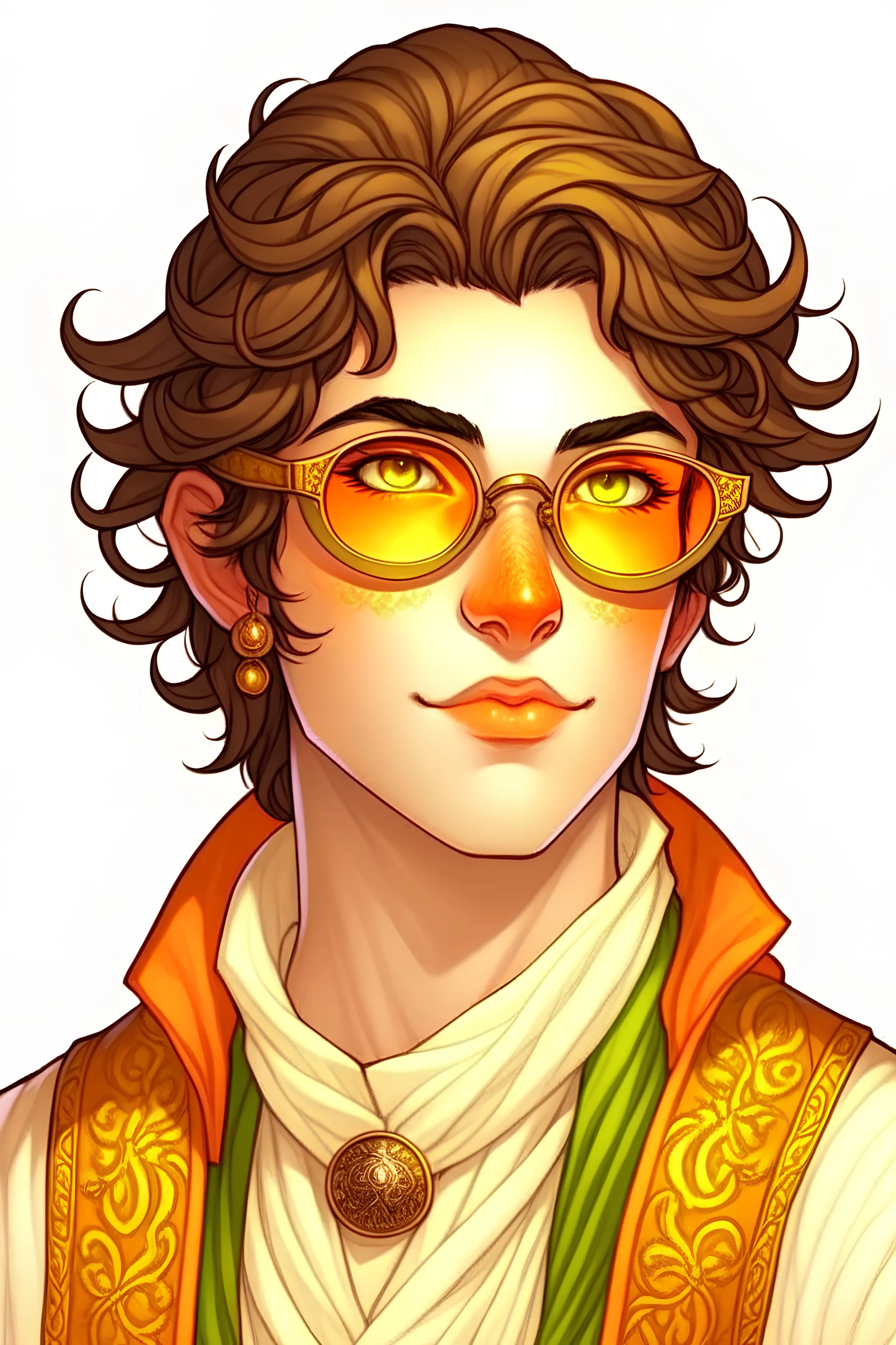 white half elf male, orange eyes, wearing noble clothes, he has brown hair, and has googles on the top of his head