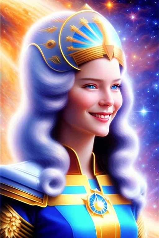 young cosmic woman smile, admiral from the future, one fine whole face, large cosmic forehead, crystalline skin, expressive blue eyes, blue hair, smiling lips, very nice smile, costume pleiadian,rainbow ufo Beautiful tall woman pleiadian Galactic commander, ship, perfect datailed golden galactic suit, high rank, long blond hair, hand whit five perfect detailed finger, amazing big blue eyes, smilling mouth, high drfinition lips, cosmic happiness, bright colors, blue, pink, gold, jewels, realistic