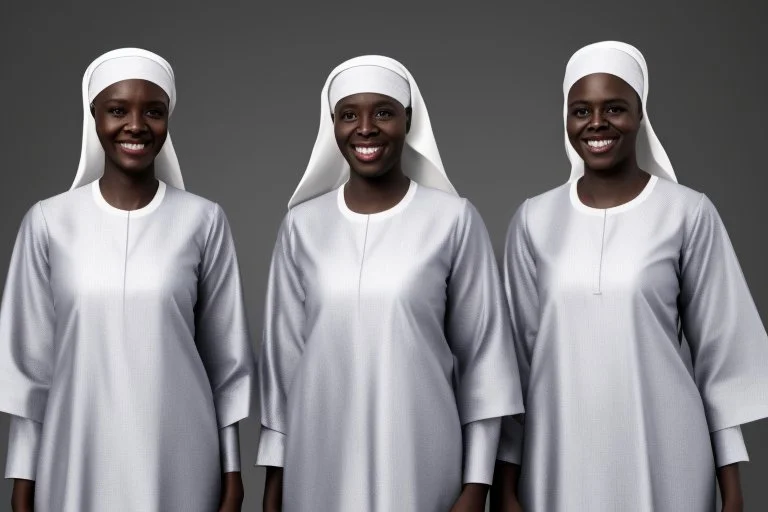 4 suore africane con tunica grigia figura intera sorrisi, visi armoniosi