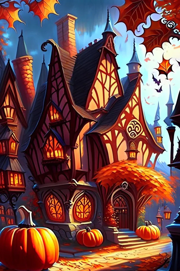 Fantasy village with tudor style architecture and stained glass window houses. The season is autumn and there are some pumpkins fantasy rpg art painterly