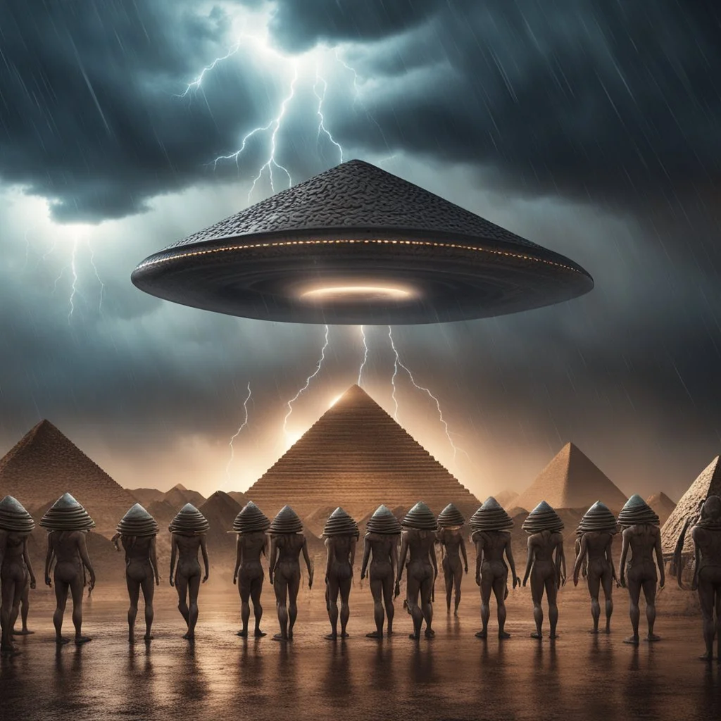 Hyper Realistic UFO aliens vs pharaoh army outside Pyramids with thunderstorm at dark rainy night