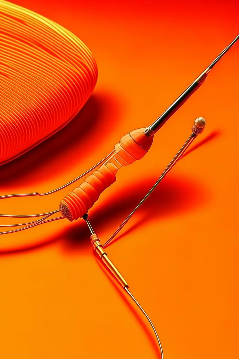 Produce a photo of angioplasty medical catheters for a magazine cover, more realistic photo with orange background.