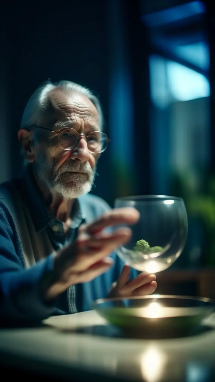 portrait of confused old man holding a glass bowl in glass nursery studying his own fingers, bokeh like f/0.8, tilt-shift lens 8k, high detail, smooth render, down-light, unreal engine, prize winning