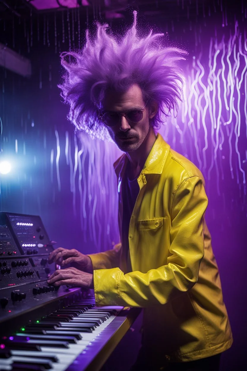 French cool synth player with crazy techno acid hair, he is called "Jean-Maurice Brûlée" performing at dance club, his name is "Jean-Maurice Brûlée" , white and purple Neon lights and purple smog, yellow water shower rain sprays, and "URINIUM" big sign on the wall, he is playing on synthesizers on stage with lot of laser beams and wearing black sunglasses, an earth is projected in background