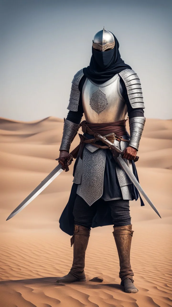 Muslim knight, strong build, holding a sword, standing in the desert, face masked