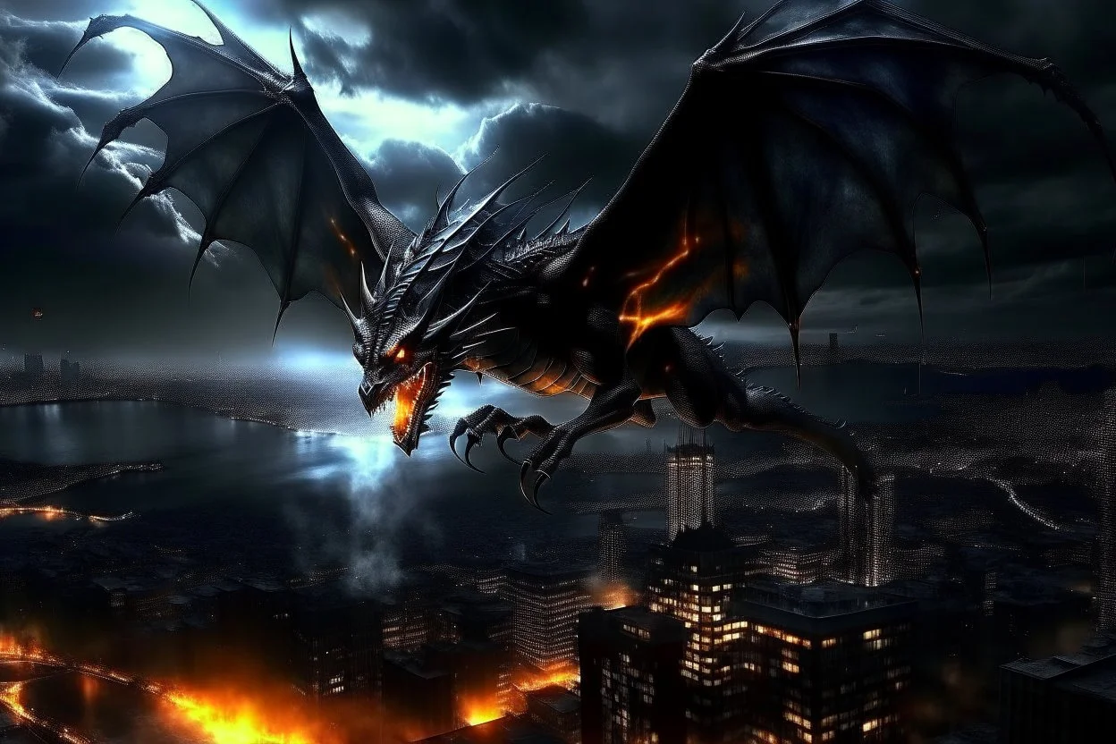 black dragon flying across the city at night dark fantasy lightening legs outstretched