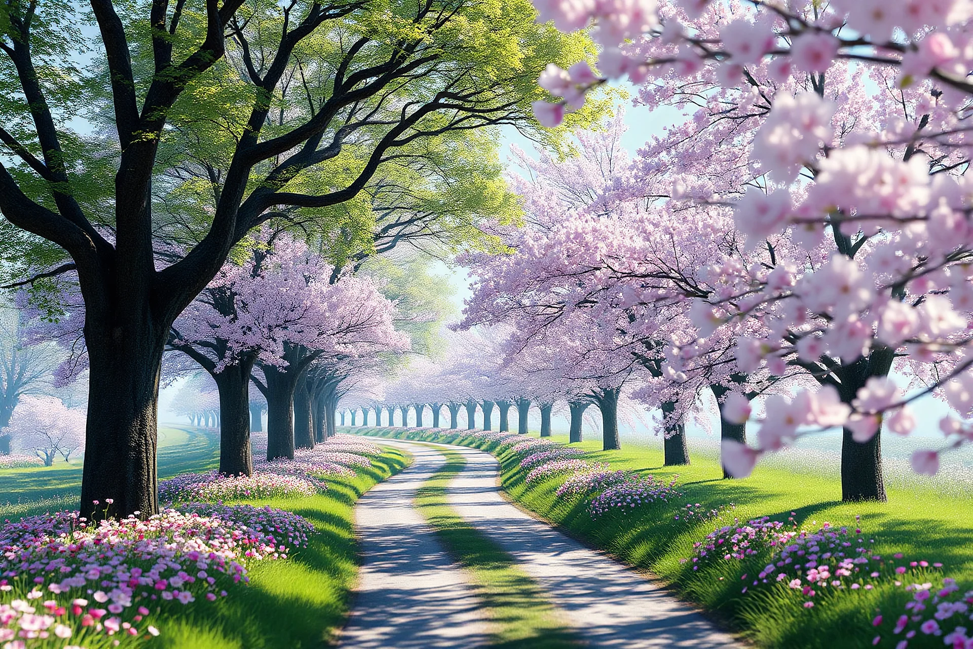 3d holographic realistic editorial photo, A beautiful fairytale landscape, detailed, trees and sakura flower blooming along a road , fantasy, colorful flowers, green grass, soft, pretty visuals, aesthetic, artstation, shadow effect, insanely detailed and intricate, photorealistic, highly detailed, artstation by wlop, by artgerm, art by tom bagshaw, atey ghailan, andrew atroshenko, stanley artgerm..