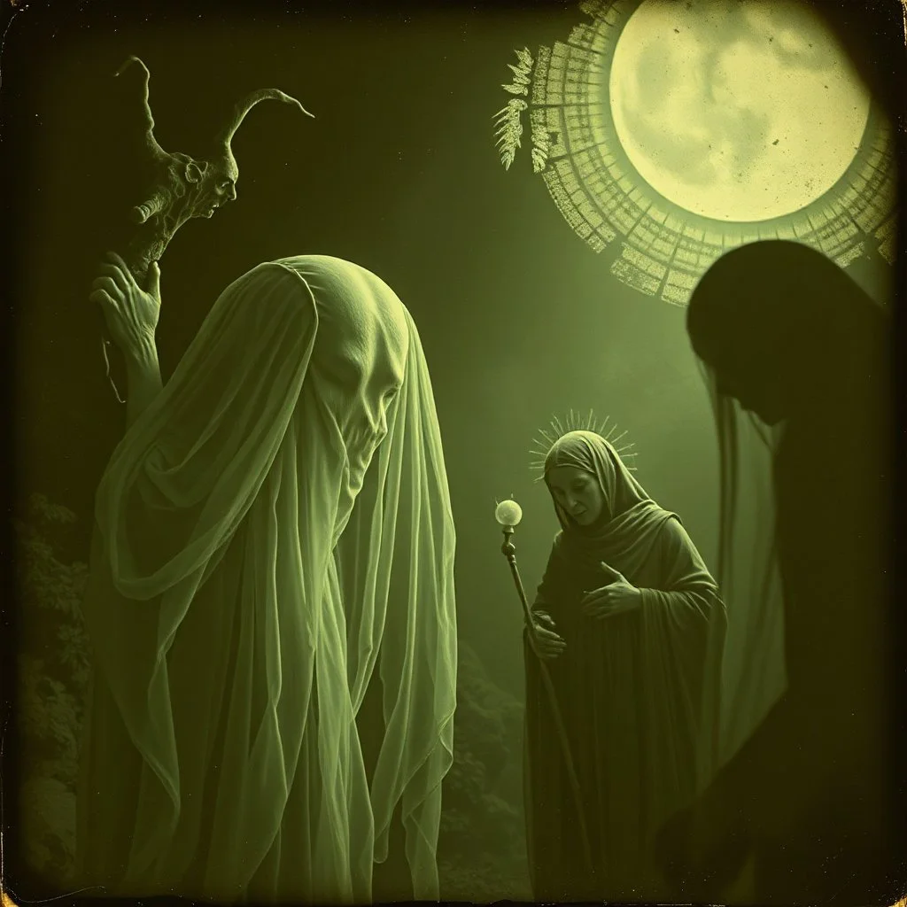 Daguerrotype close up some mysterious figures, odd background, mystical, Hieronymus Bosch Max Ernst ambient light, by Minicavio Quollati and Marlost Endgulp, Amano, Botticelli, Alphonse Mucha, distopic